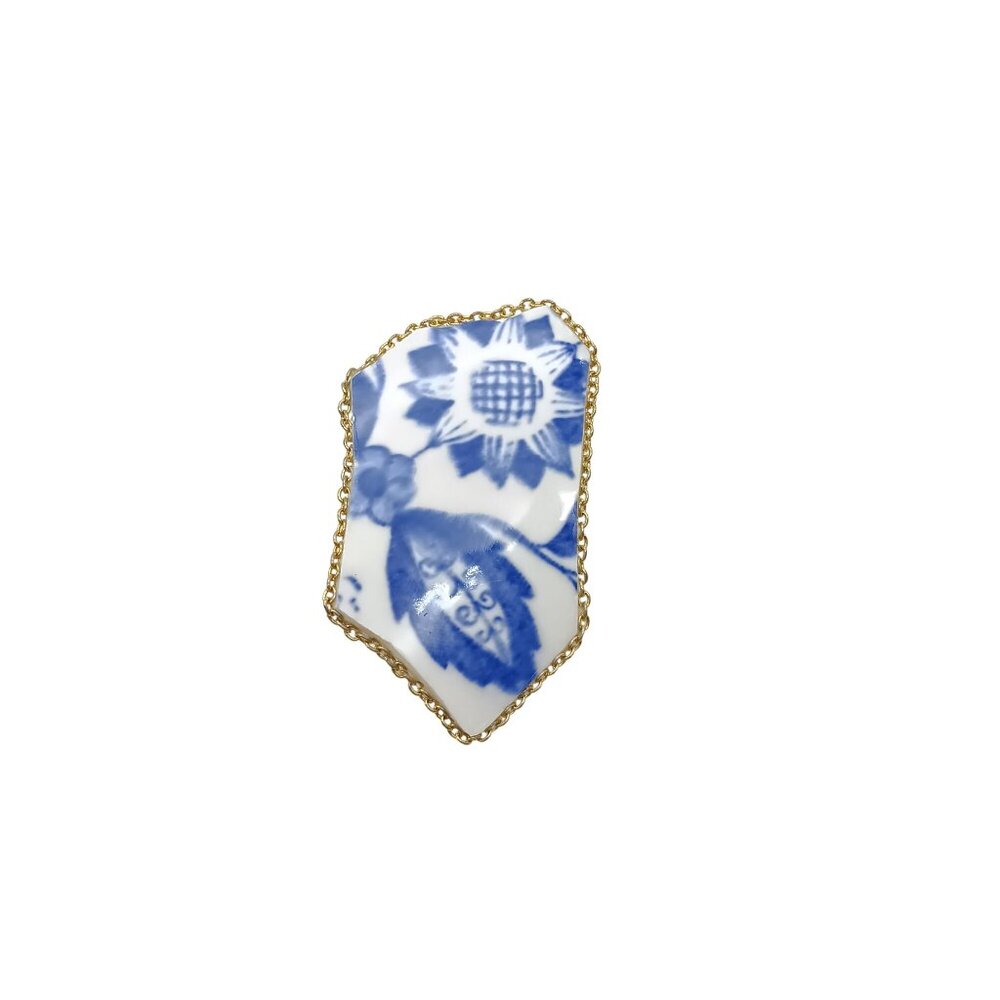 Blue & White Ceramic Shard Vintage Brooch with Gold-Tone Chain Frame